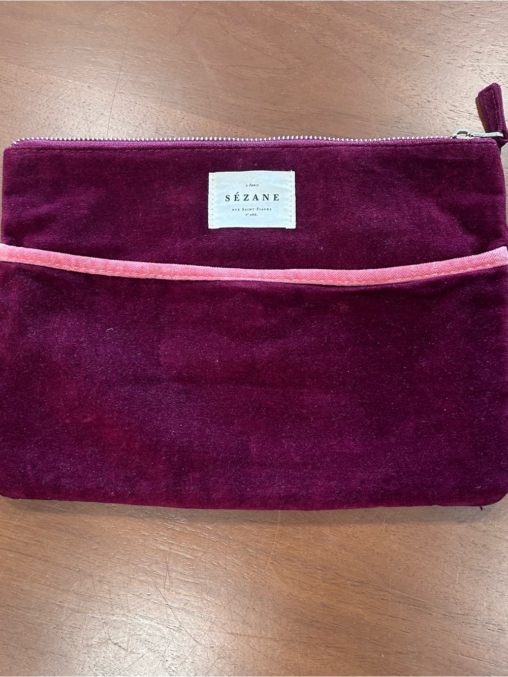 Sézane Velvet Clutch or Cosmetic Pouch in Deep Berry with Pink Trim and Pockets